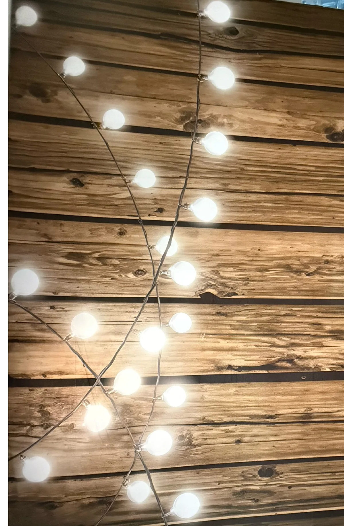 Wood-plank backdrop with warm string lights