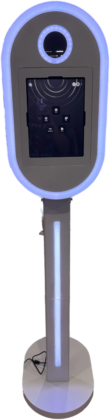 TinkerBloom Events photo booth, a glowing LED kiosk with a flip-screen tablet